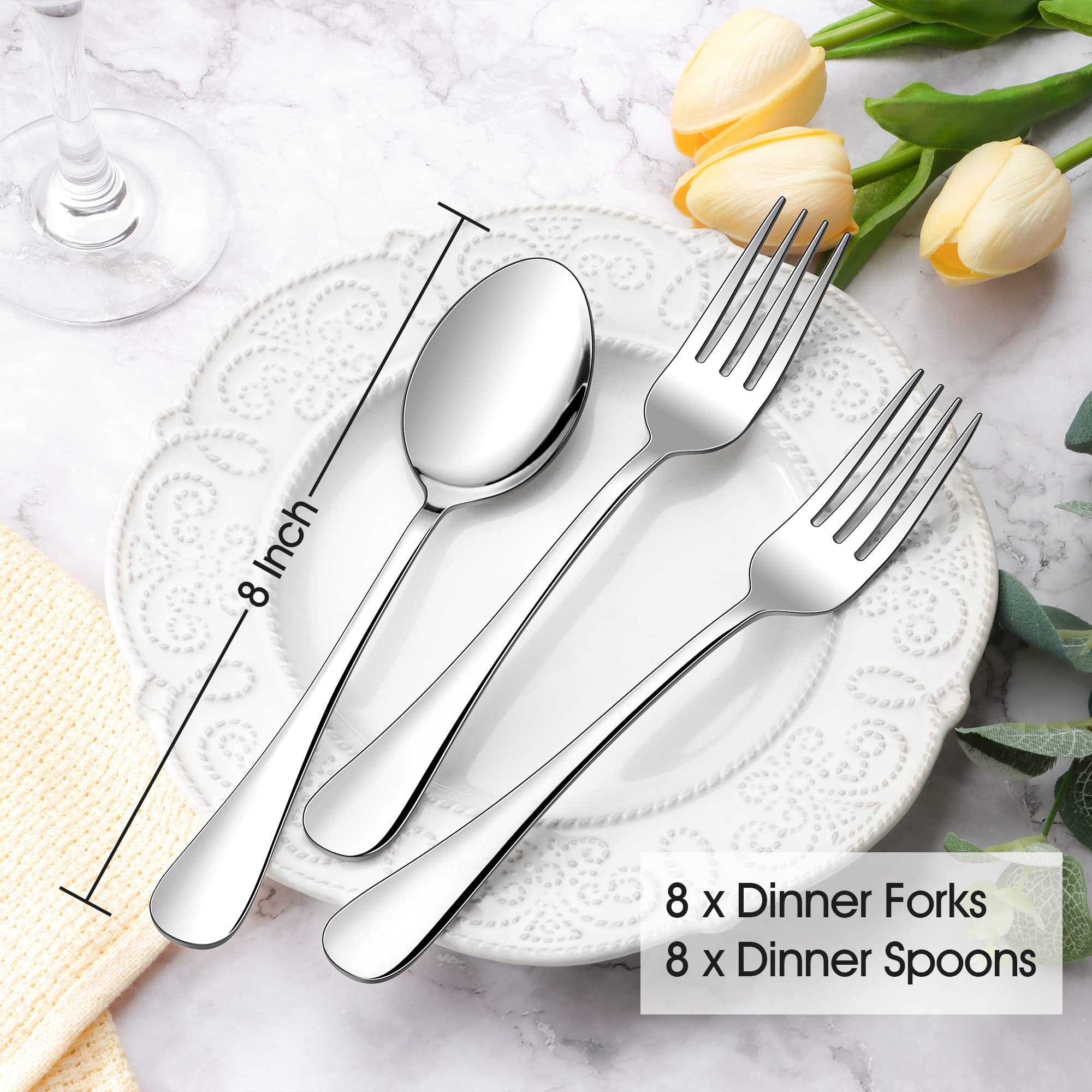 E-far 16-Piece Dinner Forks and Spoons, Stainless Steel Silverware Flatware Eating Utensils Set for Home Kitchen Restaurant, Food Grade Metal & Simple Design, Mirror Finish & Dishwasher Safe, 8 Inch