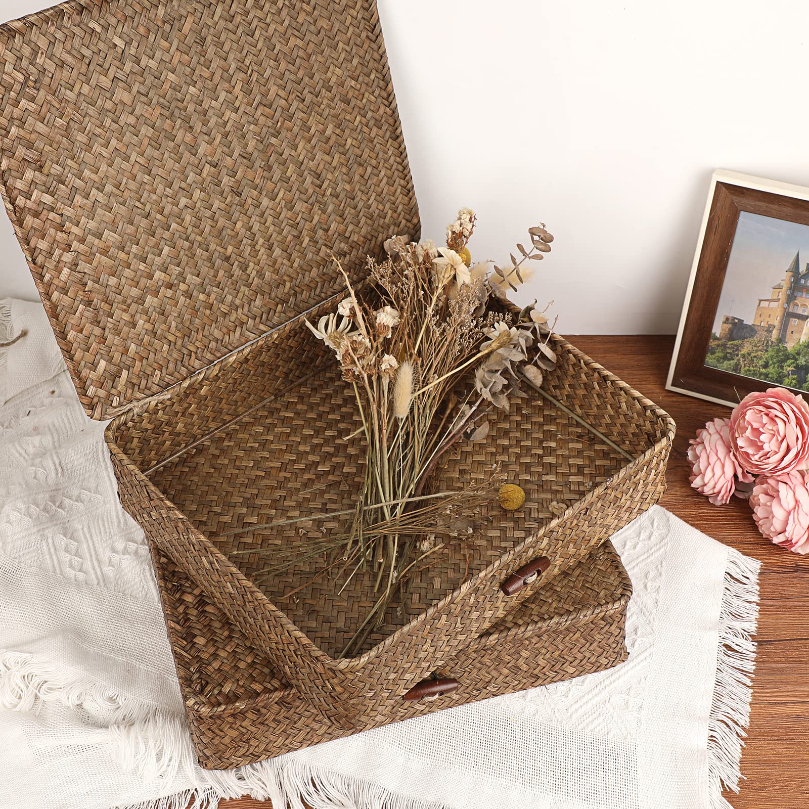 Hipiwe Woven Wicker Basket Bins with Lid - Set of 2 FLat Seagrass Storage Baskets Boxes Rectangular Shelf Baskets Home Organizer Bin for Shelf Organizing (Large Size, Coffee)