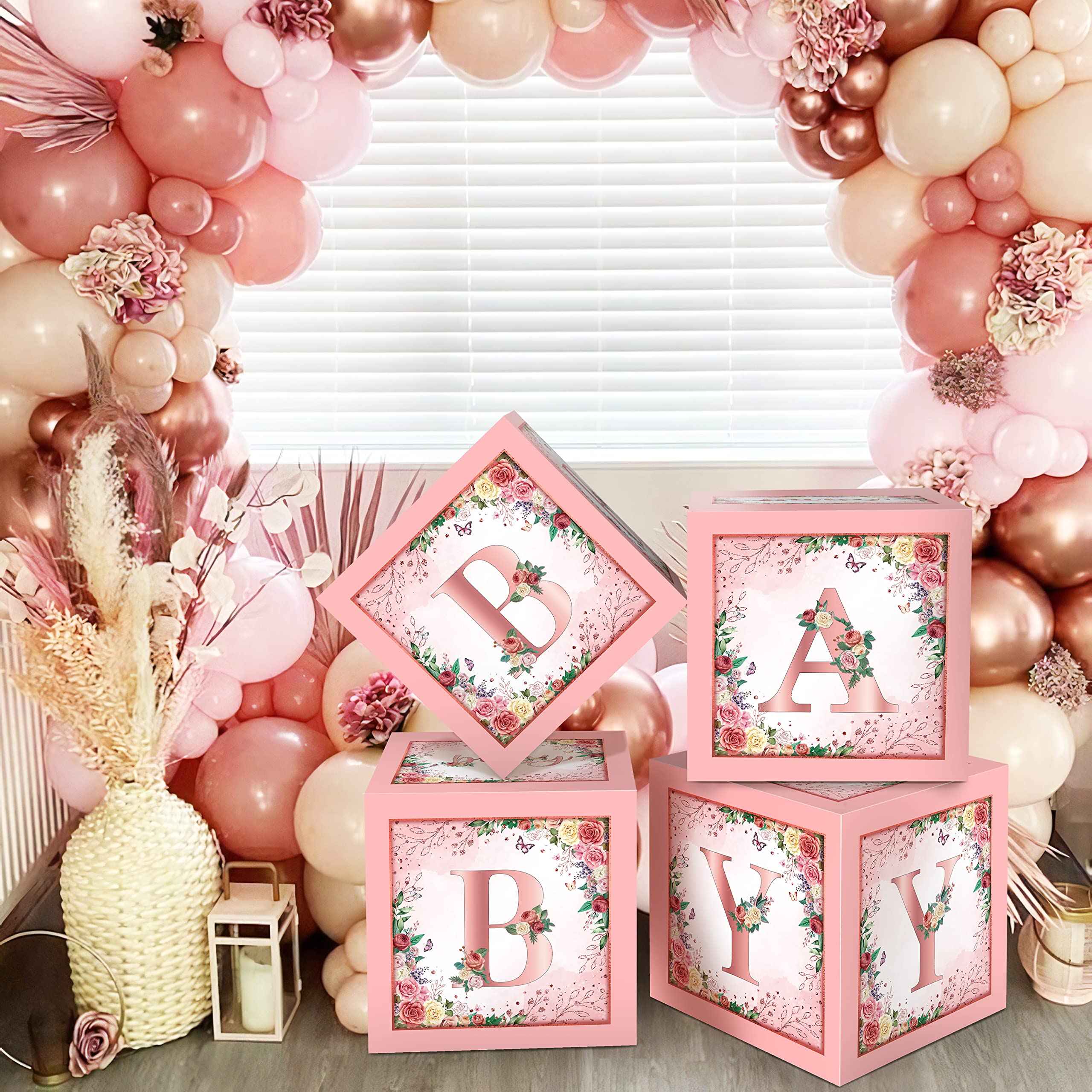 Floral Baby Shower Box Birthday Party Decoration Pink Balloon Blocks First Birthday Centerpiece Decor for Girls Rose Gold Gender Reveal Party Supplies…