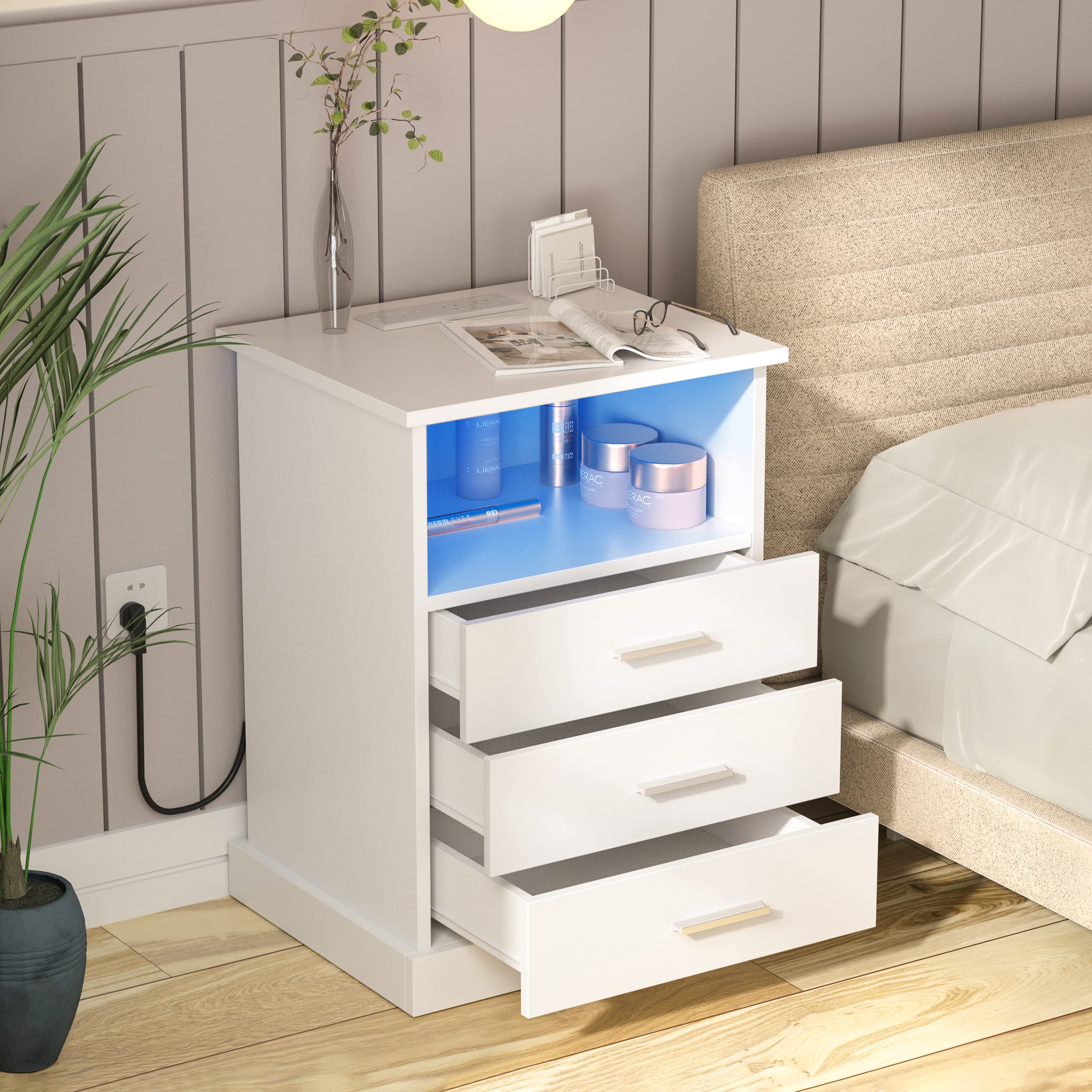 Halitaa Nightstand with Charging Station, LED Lights Side Table with 3 Drawers, End Table for Bedroom Office White