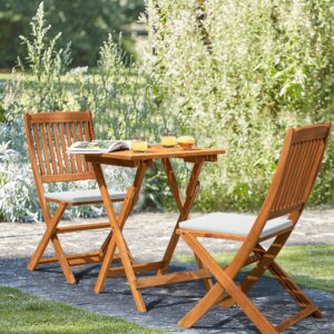 Flamaker Patio Set 3 Piece Acacia Wood Folding Bistro Set Outdoor Square Table and Chairs Balcony Furniture for Porch, Lawn, Backyard (Natural)