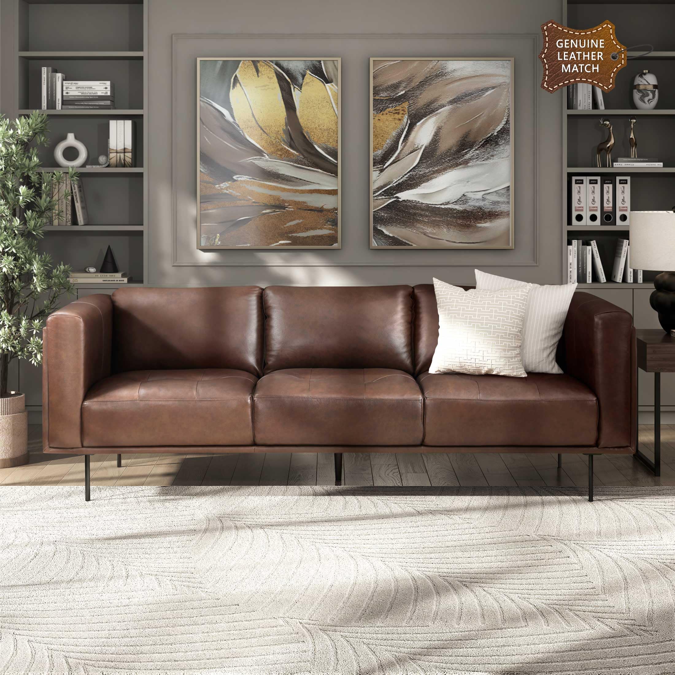 Lexicon Leather Couch, Top Grain Leather Sofa, Modern Couch, Oversized Sofa with Solid Wood Frame and Metal Legs, Couch Leather Sofas for Living Room, Bedroom, Office, 3-Seater Couches, Brown