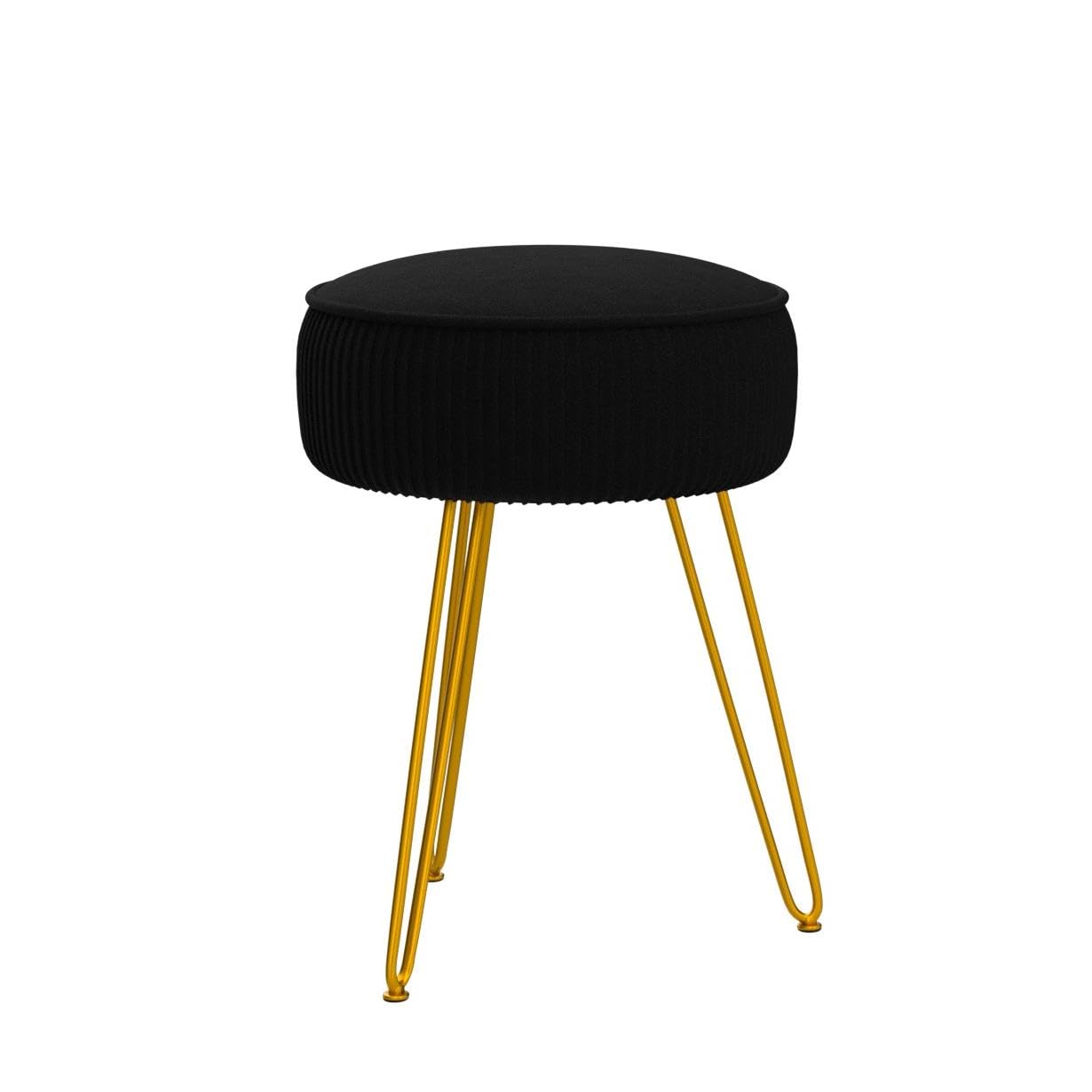 LUE BONA Pleated Vanity Stool, Velvet Upholstered Vanity Stool for Makeup Room, Round Mondern Stool for Vanity, Ottoman Footrest Stool with Metal Legs for Living Room, Bedroom, Black