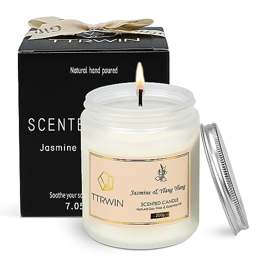 TTRWIN Jasmine & Ylang Ylang Scented Candle, 200g, 50H Long Burning, Oriental Fragrance, Glass Jar Candles, Natural Soy Wax & Essential Oil, Gift for Women, Christmas, Mother's Day, Valentine