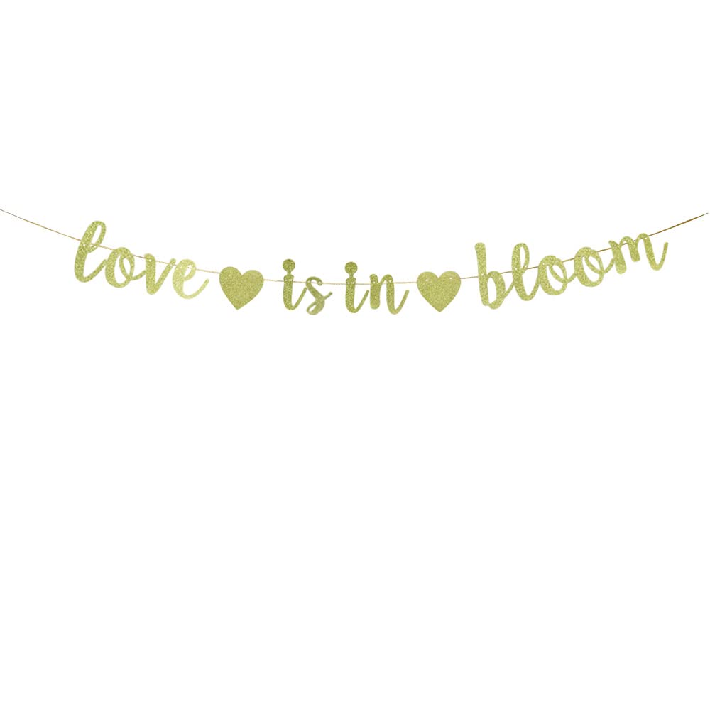 TENNYCHAOR Love is in Bloom with Hearts Banner,Funny Gold Glitter Paper Sign for Bridal Shower Engagement Wedding Party Bunting Decorations.(glitter)