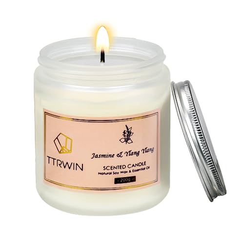 TTRWIN Jasmine & Ylang Ylang Scented Candle, 200g, 50H Long Burning, Oriental Fragrance, Glass Jar Candles, Natural Soy Wax & Essential Oil, Gift for Women, Christmas, Mother's Day, Valentine