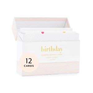 sugar paper birthday card box, greeting card assortment, set of 12 birthday cards and envelopes, blank inside, 6.25" x 2" x 5" storage box, 4.25" x 5.5" greeting cards