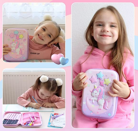 Unicorn Pencil Case, Cute Large Capacity Pen Box for Girls, 3D EVA Stationery Bag Pink Pencil Pouch Organizer with Compartments, Anti-Shock School Supplies Multi-Compartment for Kids Students (MOON L)