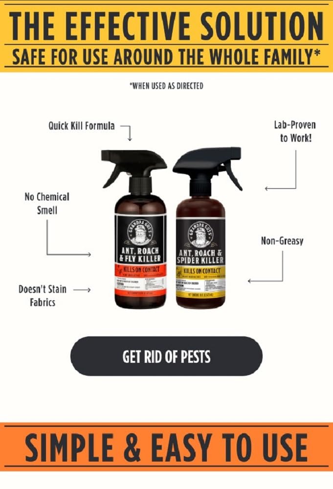 Grandpa Gus's Natural Ant, Roach & Spider Killer Spray, Plant-Based Actives Kill Insects & Bugs On Contact, Non-Greasy, Not Flammable, No Stains, Fresh Scent, 16 oz