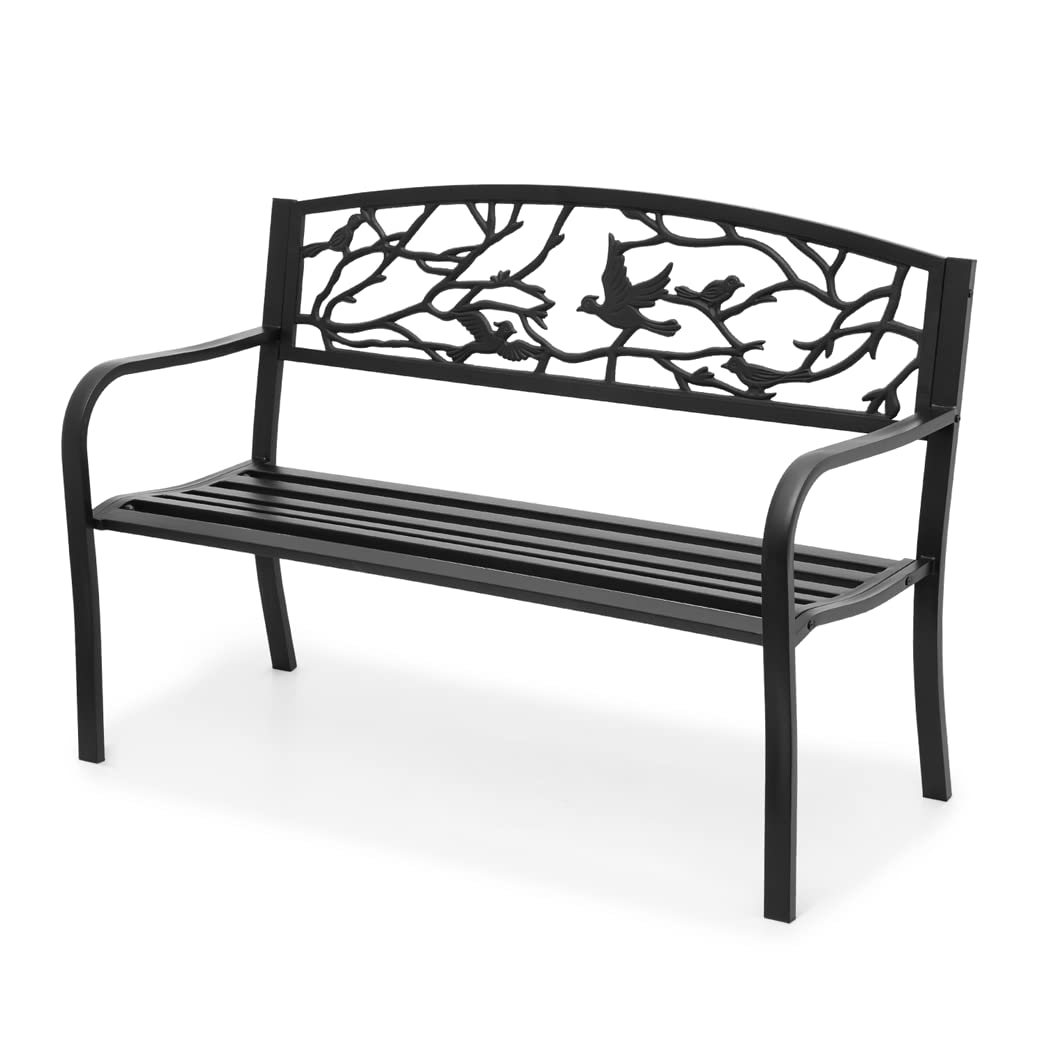 MoNiBloom Outdoor Bench Garden Patio Porch Furniture Aluminum Lightweight Sturdy 50 inch Bench with Aluminum Steel Metal Frame Birds and Branches Design for Lawn Yard, 800 lbs Load Capacity, Balck