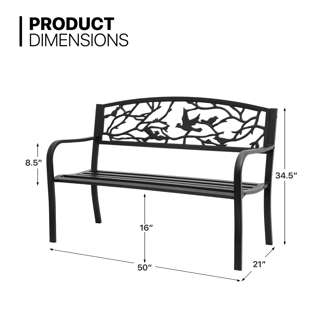 MoNiBloom Outdoor Bench Garden Patio Porch Furniture Aluminum Lightweight Sturdy 50 inch Bench with Aluminum Steel Metal Frame Birds and Branches Design for Lawn Yard, 800 lbs Load Capacity, Balck