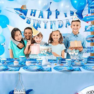 WERNNSAI Shark Party Supplies Set - 64PCS Ocean Shark Birthday Party Paper Plates Cups Napkins Tableware for Boys Kids Baby Shower Blue Shark Summer Pool Party Decor