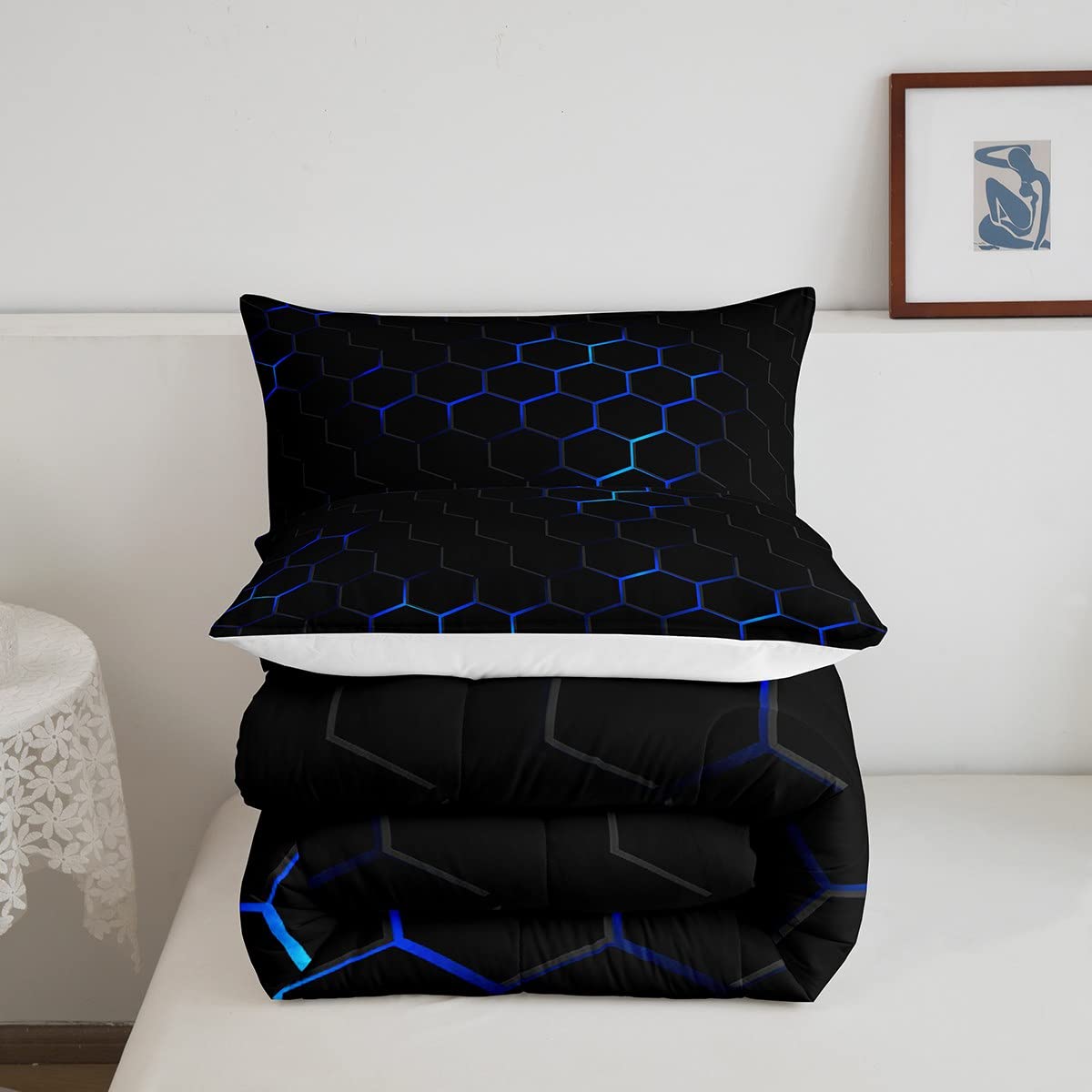 Feelyou Honeycomb Comforter Set for Kids Boys Girls Geometric Pattern Comforter Abstract Art Bedding Set Blue with 2 Pillowcases Queen Size