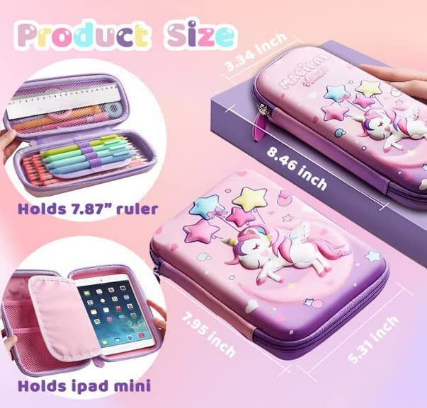 Unicorn Pencil Case, Cute Large Capacity Pen Box for Girls, 3D EVA Stationery Bag Pink Pencil Pouch Organizer with Compartments, Anti-Shock School Supplies Multi-Compartment for Kids Students (MOON L)