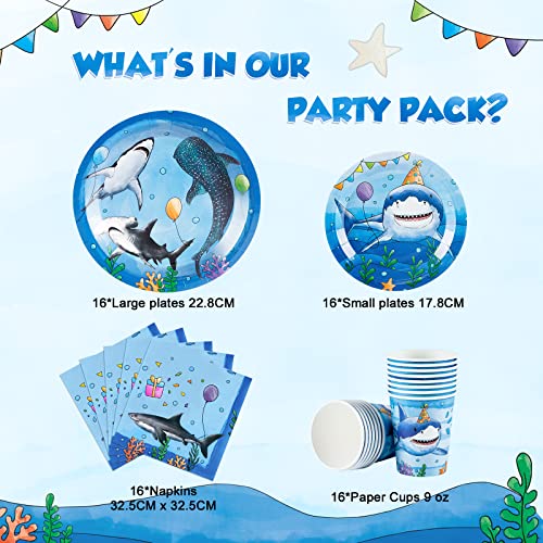 WERNNSAI Shark Party Supplies Set - 64PCS Ocean Shark Birthday Party Paper Plates Cups Napkins Tableware for Boys Kids Baby Shower Blue Shark Summer Pool Party Decor