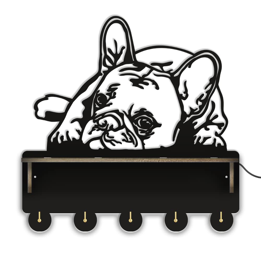 The Geeky Days French Bulldog Medal Holder Trophy Display Shelf Hanger Entryway Organization for Pet Shop Frenchie Puppy Wall Mount Wood Plaque Rack Key Holder with 5 Hooks