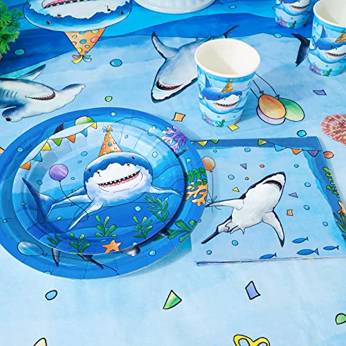 WERNNSAI Shark Party Supplies Set - 64PCS Ocean Shark Birthday Party Paper Plates Cups Napkins Tableware for Boys Kids Baby Shower Blue Shark Summer Pool Party Decor