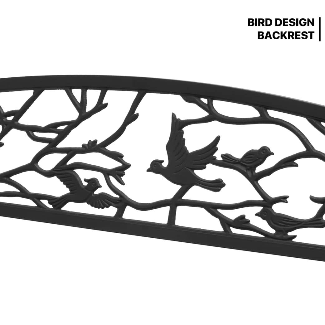 MoNiBloom Outdoor Bench Garden Patio Porch Furniture Aluminum Lightweight Sturdy 50 inch Bench with Aluminum Steel Metal Frame Birds and Branches Design for Lawn Yard, 800 lbs Load Capacity, Balck