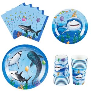 wernnsai shark party supplies set - 64pcs ocean shark birthday party paper plates cups napkins tableware for boys kids baby shower blue shark summer pool party decor