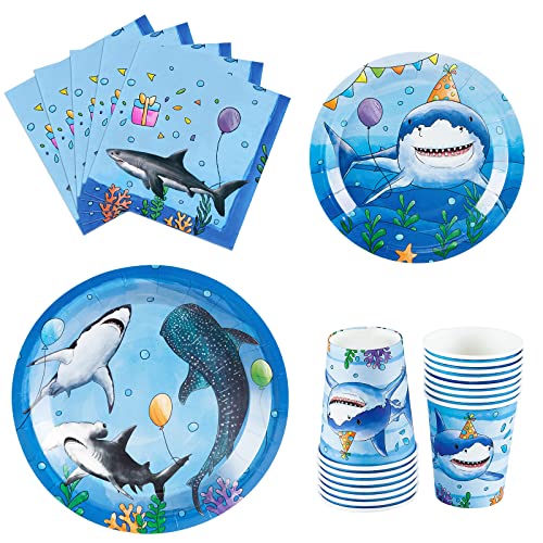 WERNNSAI Shark Party Supplies Set - 64PCS Ocean Shark Birthday Party Paper Plates Cups Napkins Tableware for Boys Kids Baby Shower Blue Shark Summer Pool Party Decor