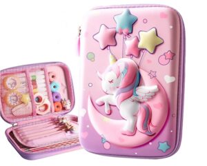 unicorn pencil case, cute large capacity pen box for girls, 3d eva stationery bag pink pencil pouch organizer with compartments, anti-shock school supplies multi-compartment for kids students (moon l)