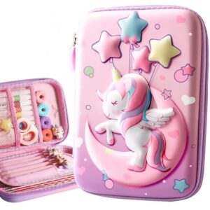 Unicorn Pencil Case, Cute Large Capacity Pen Box for Girls, 3D EVA Stationery Bag Pink Pencil Pouch Organizer with Compartments, Anti-Shock School Supplies Multi-Compartment for Kids Students (MOON L)