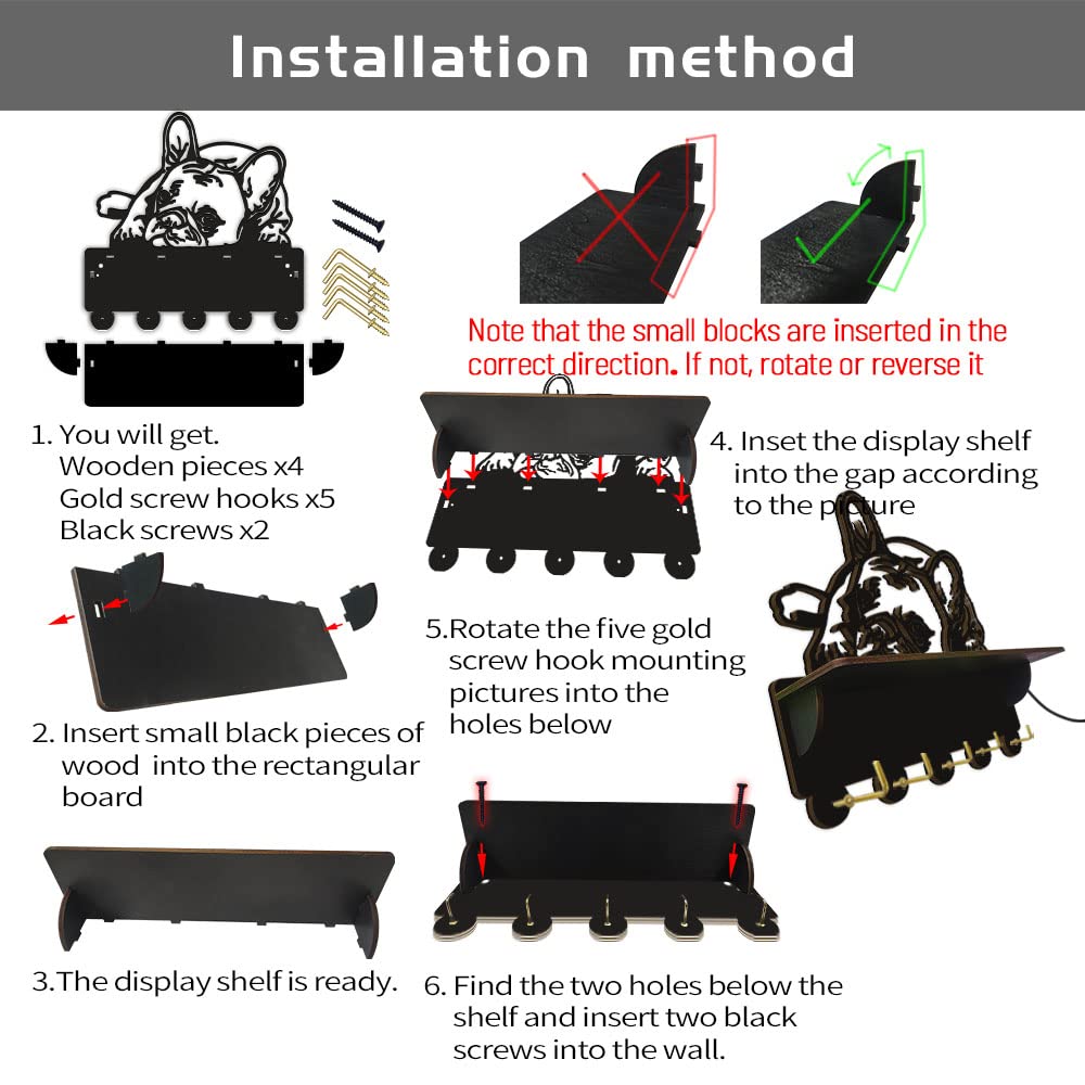 The Geeky Days French Bulldog Medal Holder Trophy Display Shelf Hanger Entryway Organization for Pet Shop Frenchie Puppy Wall Mount Wood Plaque Rack Key Holder with 5 Hooks