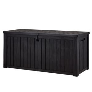 homguava 160 gallon outdoor storage box, waterproof resin deck box, large capacity deck box bench, lockable outdoor storage container for patio furniture, garden tools, swimming equipment, (black)