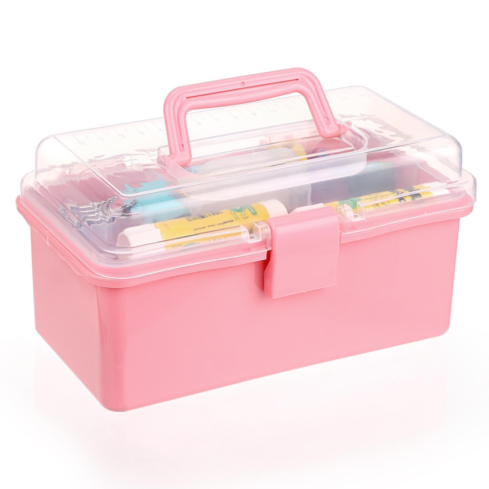 BTSKY Small Plastic Storage Box with Lid 7.9"x3.7"x4.1" Art Supply Storage Organizer with Handled Removable Tray Multi-use Small Storage Container Portable Sewing Box for Art & Sewing Supplies, Pink