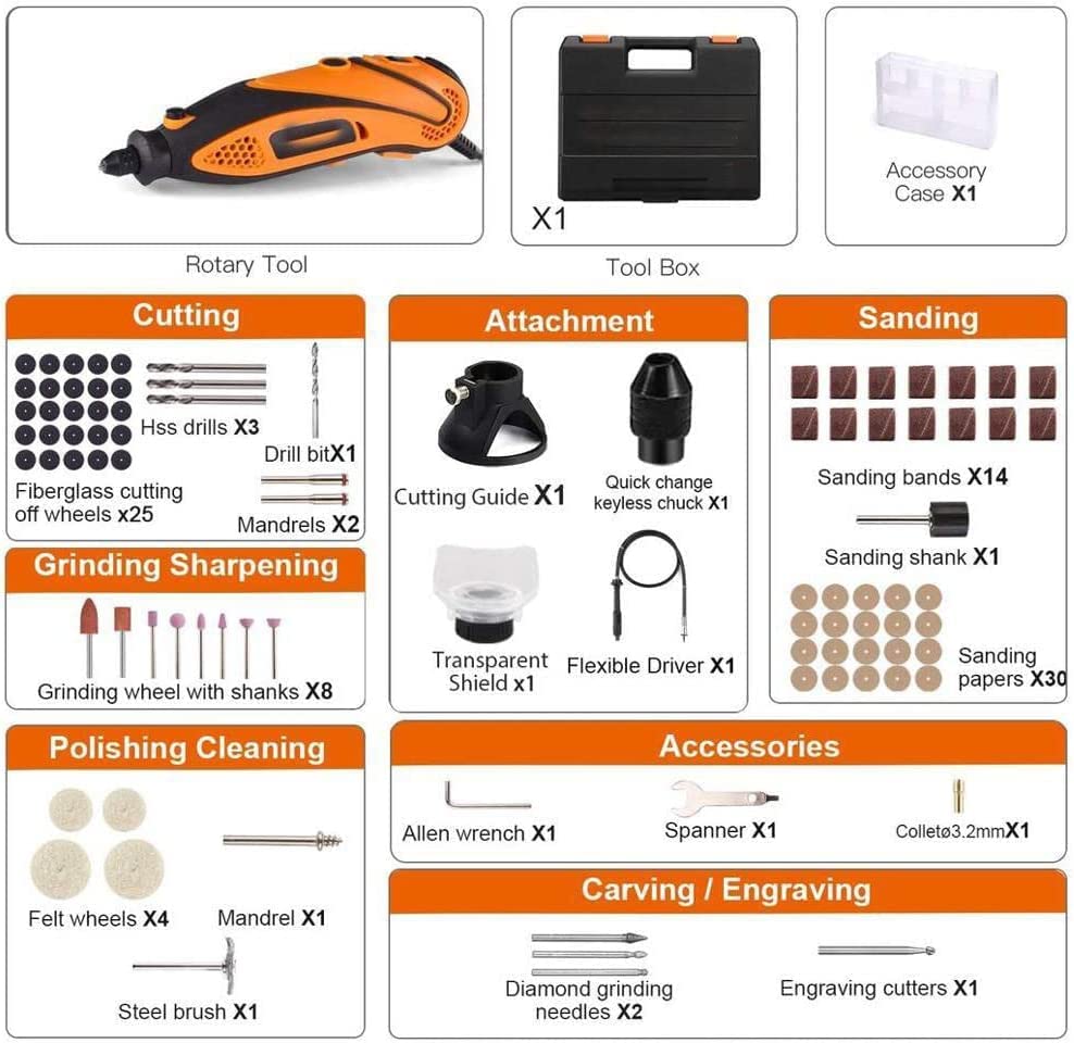 Rotary Tool Kit with Keyless Chuck Flex Shaft, 6 Variable Speed 10000-32000 RPM 3 Attachments Carrying Case for Cutting, Engraving, Drilling, Sanding, Polishing, DIY Crafts