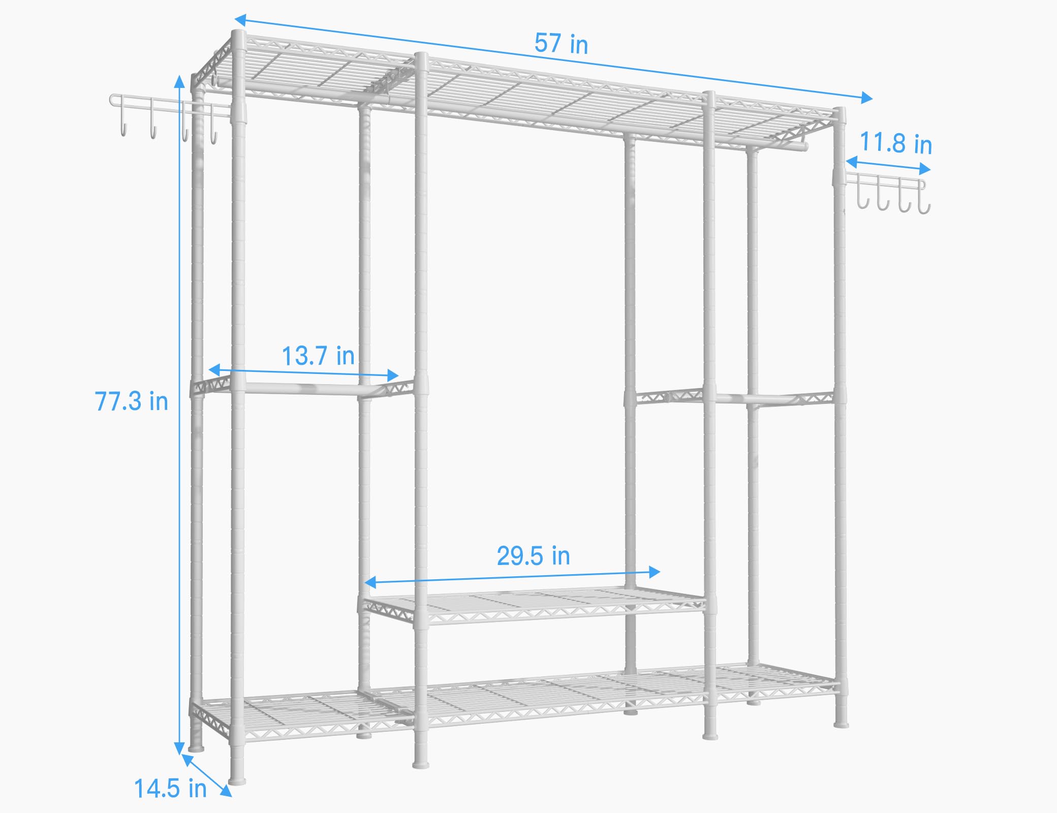 Ulif E3 Heavy Duty Garment Rack, 4 Tiers Freestanding Closet Organizer System with 5 Shelves, Metal Closet Organizer and Storage System for Clothes, Max Load 650lbs, 57.1"W x 14.5"D x 77.3"H, White