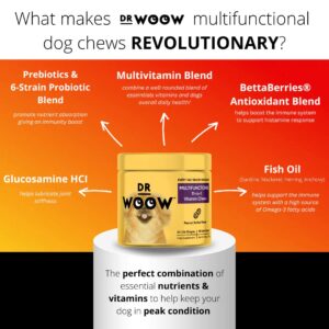 Dr Woow Multivitamins for Dogs - Everyday Vitamins for Dogs | Gut Immune Health, Joint Heart Eye Support | Dog Supplements Glucosamine Chondroitin, Digestion Probiotics, Omega 3 Fish Oil | 90 Ct