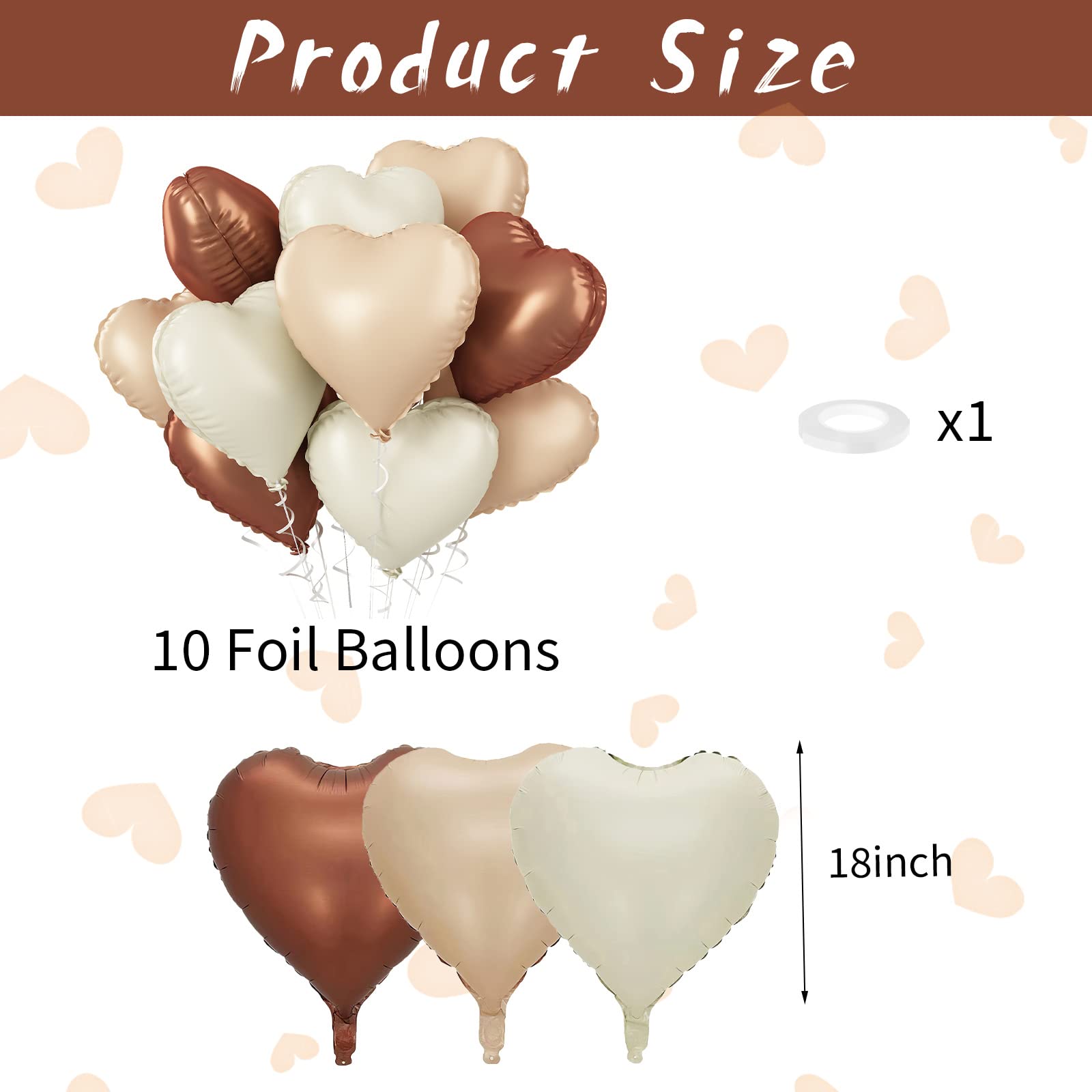 Brown Apricot Heart Balloons, 10Pcs Coffee Cream Beige Foil Heart Shape Balloons, 18inch Nude Neutral Foil Balloons for Helium Valentines Decorations for Engagement, Brithday, Baby Shower, Wedding