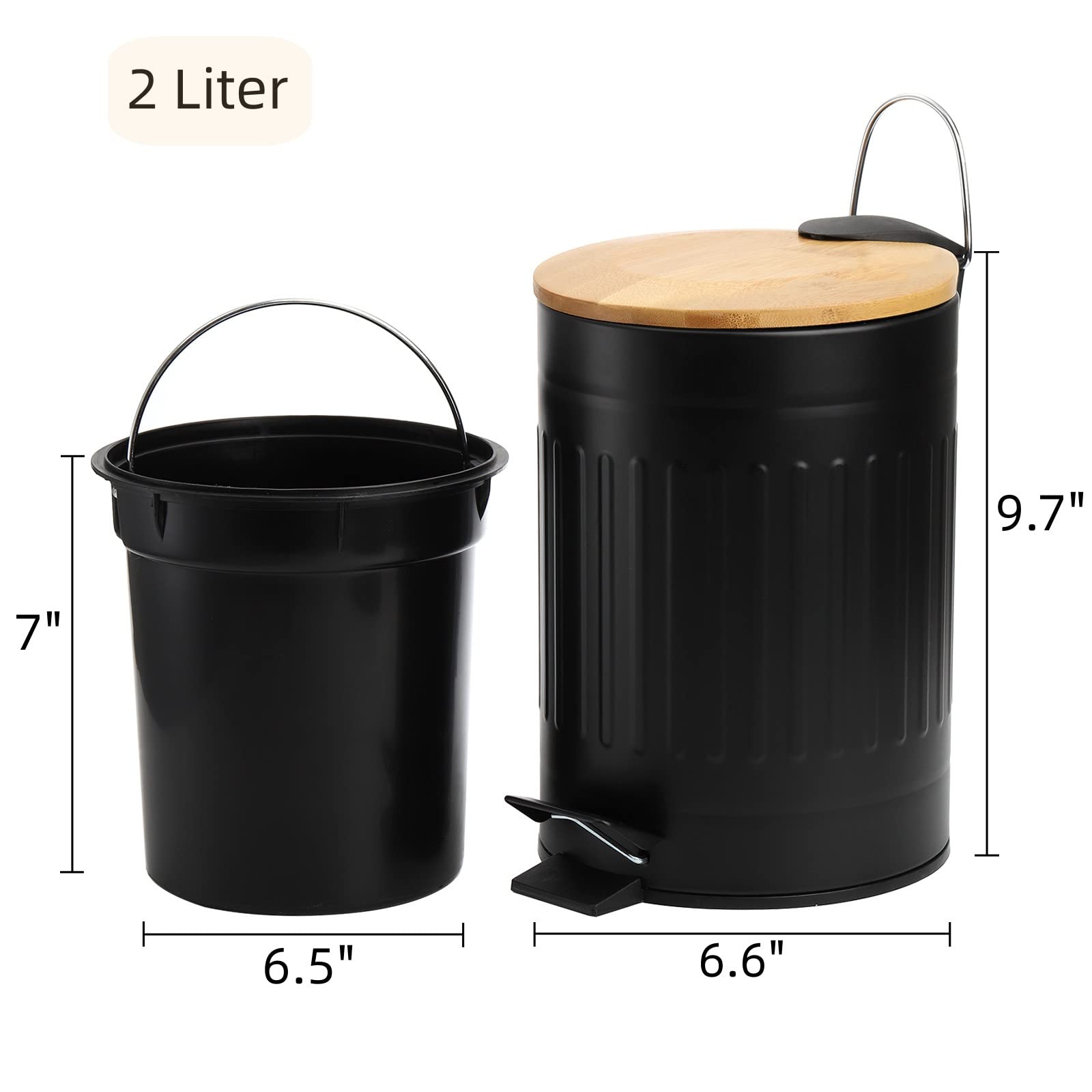 AVLA 2 Liter Small Step Trash Can, Metal Pedal Rubbish Wastebasket Trashcans, Round Garbage Container Bin with Bamboo Lid and Liner Bucket, Compact Waste Basket for Bathroom Office Bedroom Kitchen