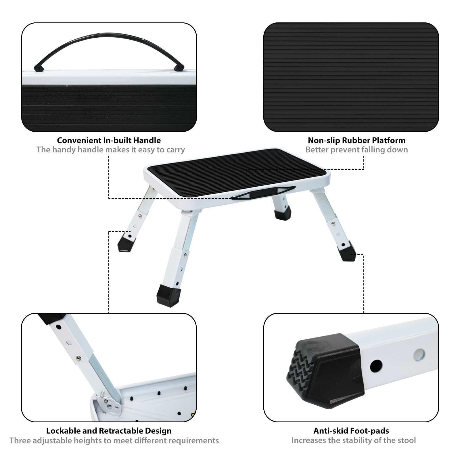 Ollieroo Height-Adjustable Folding Step Stool, Metal One Step Stool with Non-Slip Platform, 3 Levels RV Step Ladder for Kids and Adults, Portable Foot Stool Max Load 330 lbs(White)