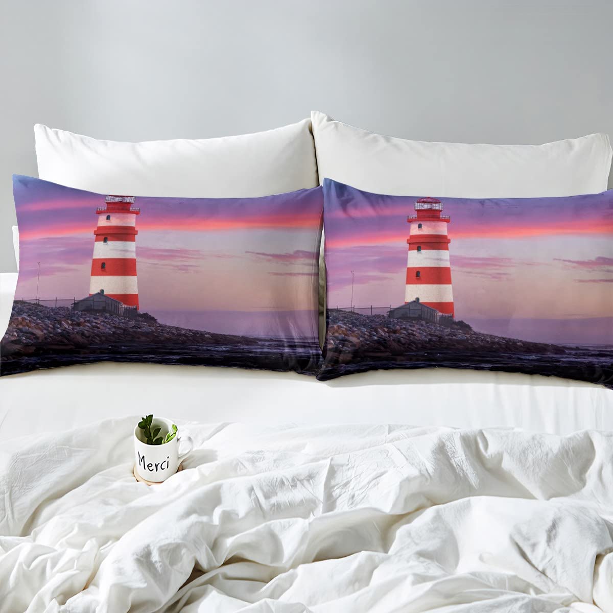 Erosebridal Lighthouse Bed Set Coastal Beach Duvet Cover, Nautical Theme Bedding Set Full Pink Clouds Comforter Cover, Sea Ocean Bed Cover Super Cozy Lightweight with 2 Pillow Sham (Zipper Closure)