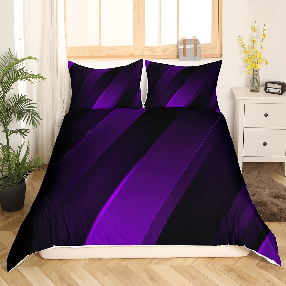 Purple Black Stripes Bedding Set,Neon Gradient Duvet Cover for Kids Teens Boys Girls,Geometric Abstract Comforter Cover Decorative Room,Modern Design Quilt Cover with 2 Pillowcases,King Size