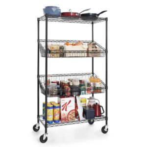 fencer wire nsf commercial heavy duty 4 tier wire shelving w/two trapezoid basket, wheel, leveling feet, storage metal shelf, utility wire rack storage shelving, basement garage shelving, black