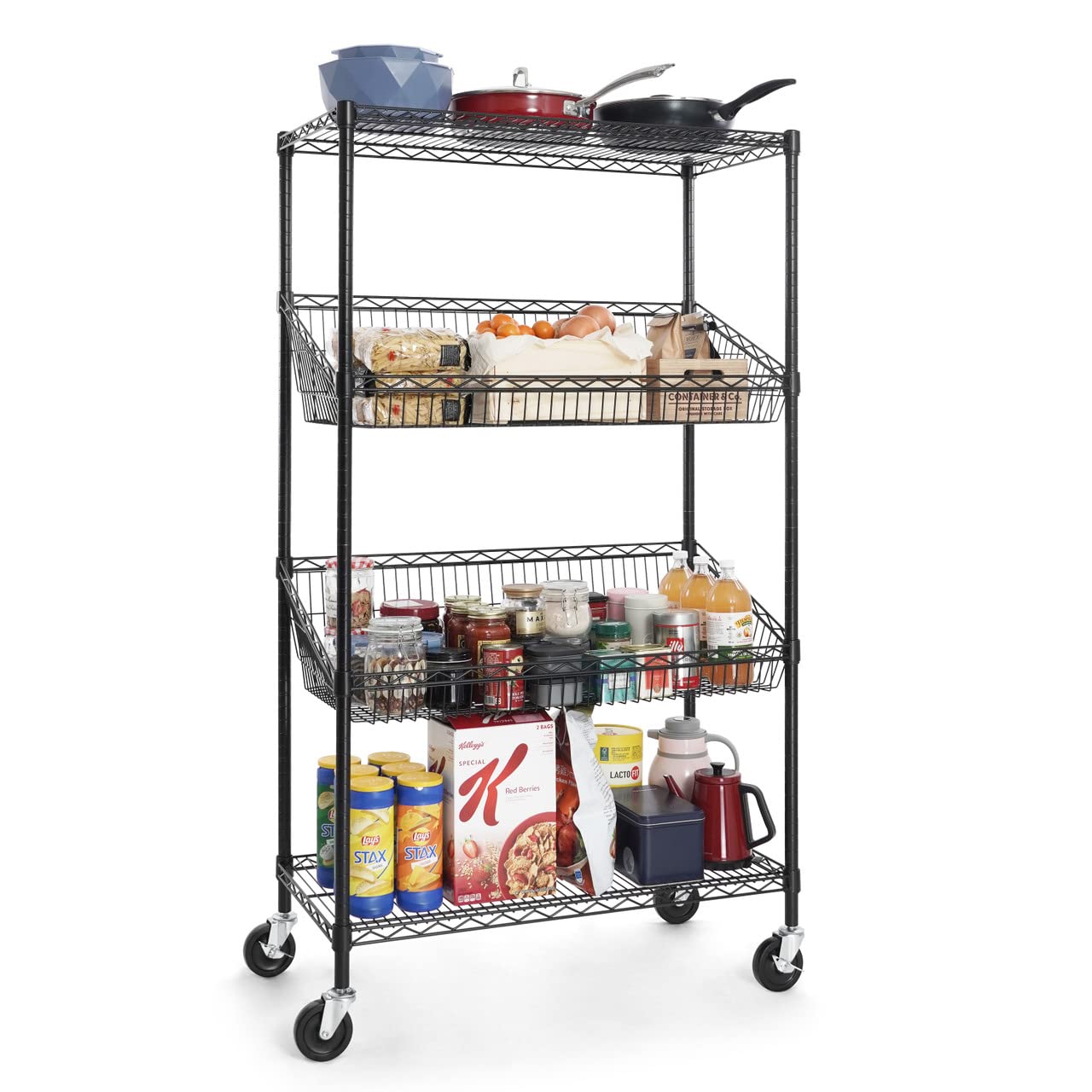 Fencer Wire NSF Commercial Heavy Duty 4 Tier Wire Shelving w/Two Trapezoid Basket, Wheel, Leveling Feet, Storage Metal Shelf, Utility Wire Rack Storage Shelving, Basement Garage Shelving, Black