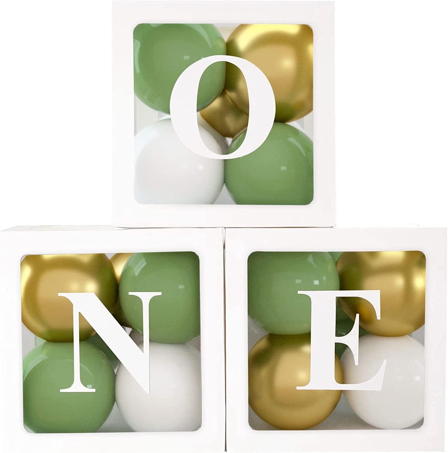 ONE Boxes for 1st Birthday Boy Decorations,30PCS Green Gold White Balloons and ONE Letters for First Birthday Decorations One Blocks for Boy Girl Baby Shower,Photo Shoot Prop,Table Centerpiece