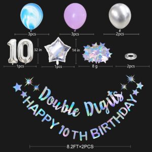 Iridescent Double Digits Happy 10th Birthday Banner Garland Foil Balloon 10 for Girls Boys 10th Birthday Decorations Hanging 10 and Fabulous Cheers to 10 Years Old Ten Birthday Party Supplies Backdrop