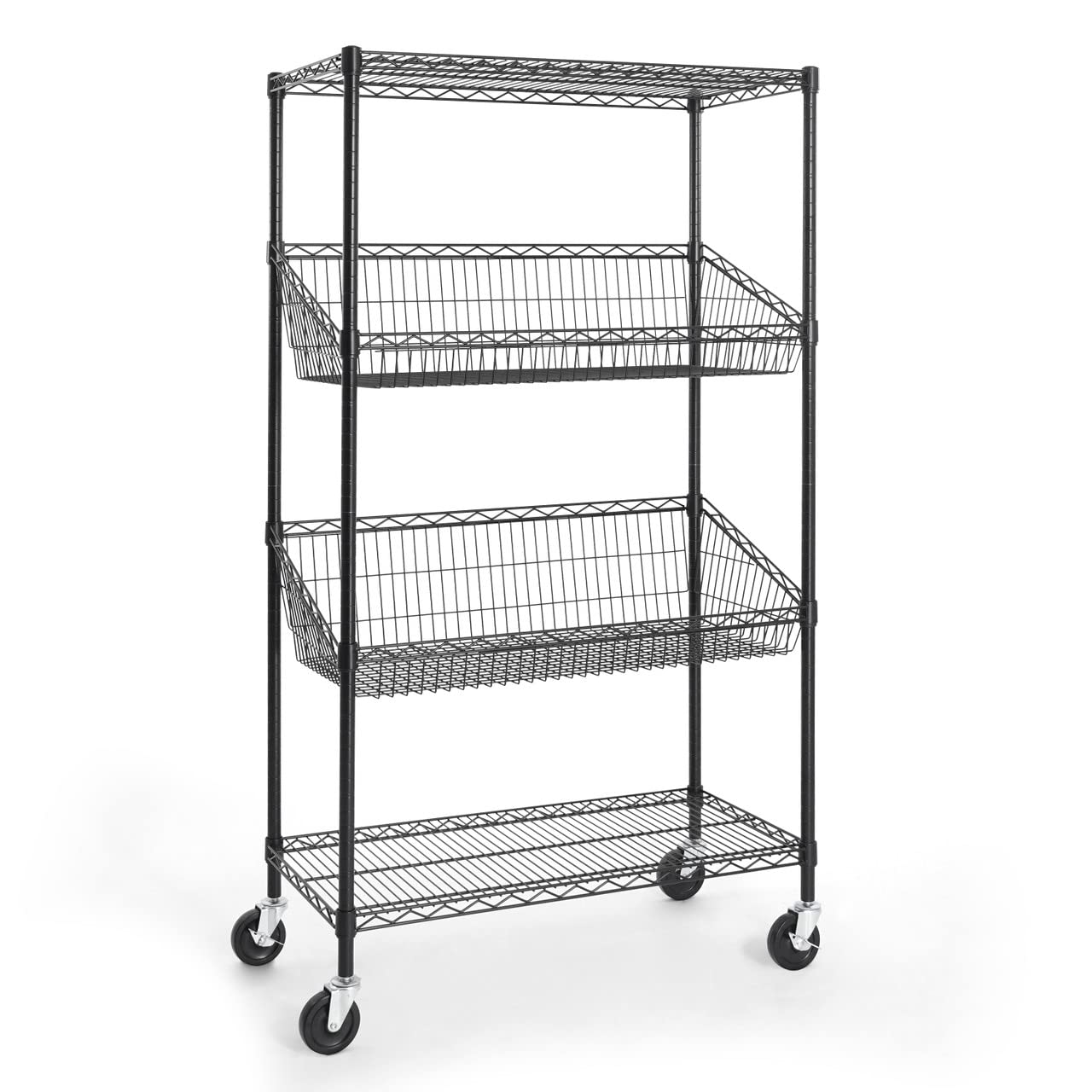 Fencer Wire NSF Commercial Heavy Duty 4 Tier Wire Shelving w/Two Trapezoid Basket, Wheel, Leveling Feet, Storage Metal Shelf, Utility Wire Rack Storage Shelving, Basement Garage Shelving, Black