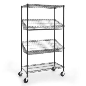 caphaus nsf commercial heavy duty 4 tier wire shelving w/two trapezoid baskets, wheels, leveling feet, storage metal shelf, basement garage shelving storage, utility wire rack storage shelving black