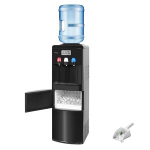 clarfey water dispenser with ice maker, 3 in 1 water dispense with built-in ice maker, water cooler dispenser for 3-5 gallon bottle with a scoop, ice-making chamber, child safety lock, black