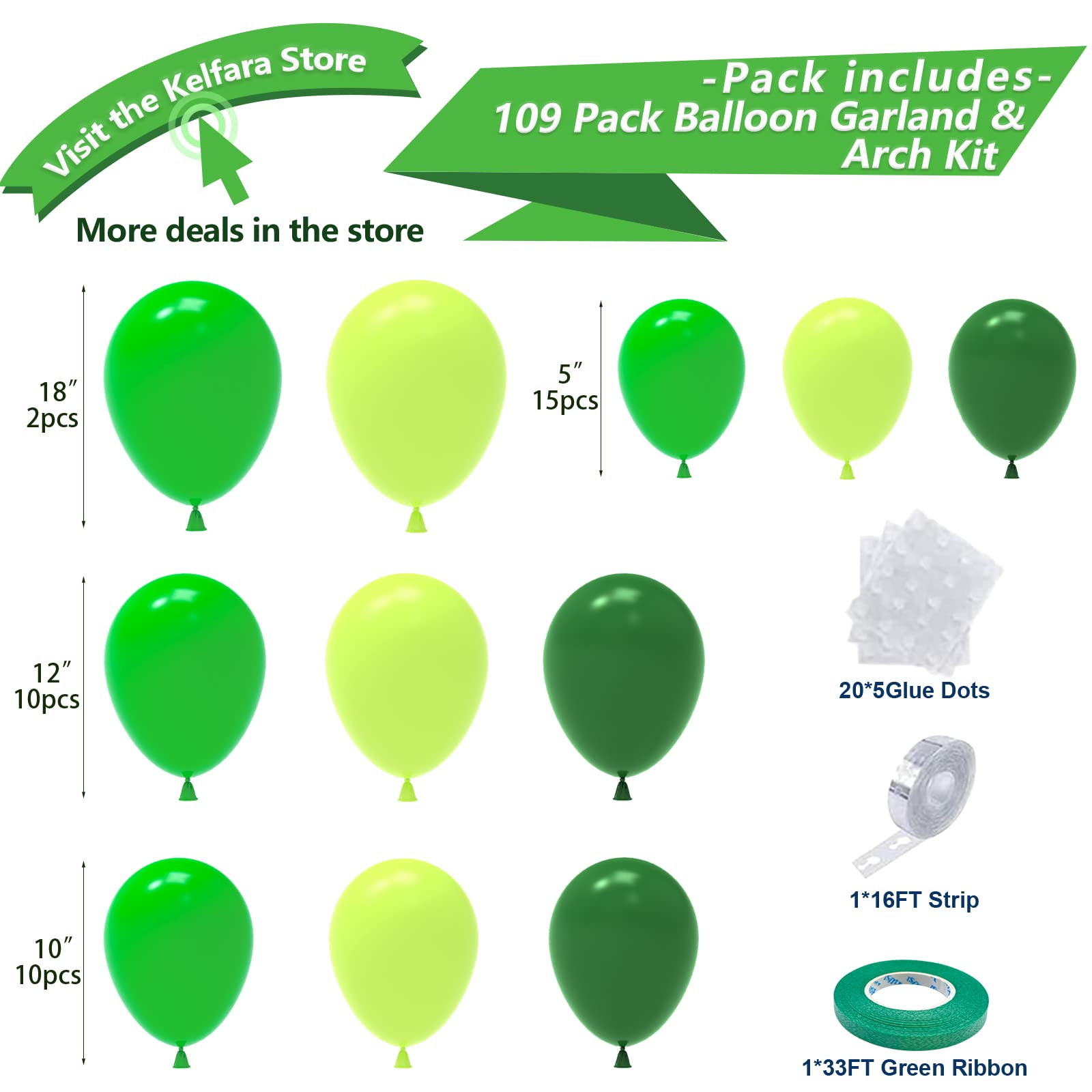 Green Balloon Garland Arch Kit, Kelfara Latex Balloons 109pcs Different Sizes 18/10/12/5 Inch, Party Balloons for Wedding Graduation Anniversary Green Jungle Forest Themed Birthday Party Decorations