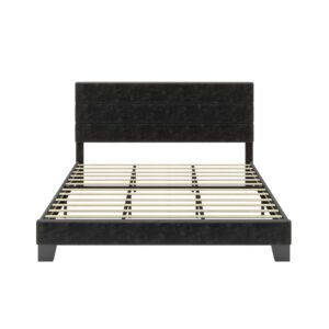 SHA CERLIN King Platform Bed Frame with Velvet Upholstered Headboard, Mattress Foundation with Strong Wooden Slats Support, No Box Spring Needed, Black