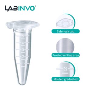 LABINVO 5ml Sterile Microcentrifuge Tubes with Safe-Lock Cap, Pack of 200, Max.RCF25000×G Conical Bottom Centrifuge Tubes, PP Material, Molded Graduation 10.5x51mm, IN-MT50A