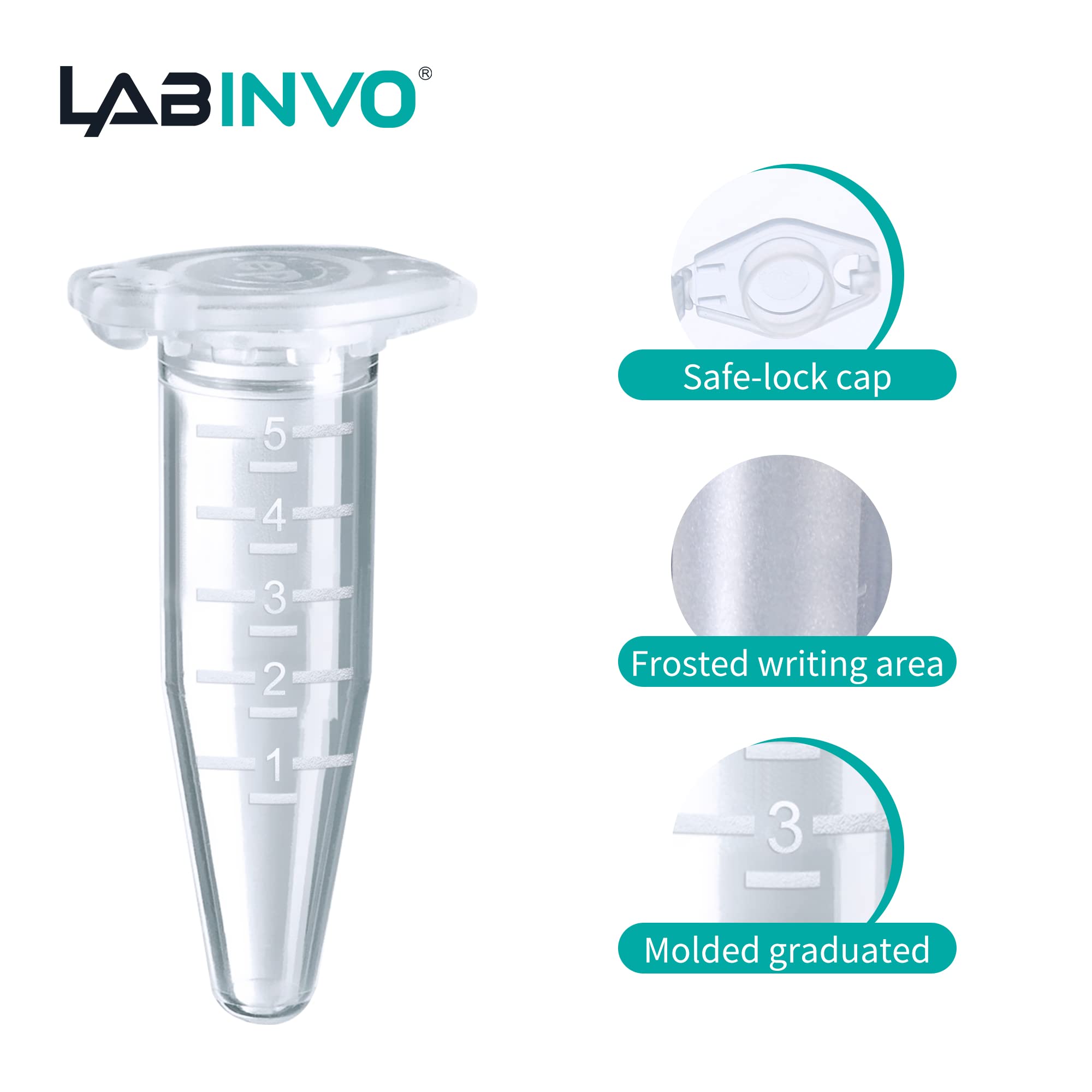 LABINVO 5ml Sterile Microcentrifuge Tubes with Safe-Lock Cap, Pack of 200, Max.RCF25000×G Conical Bottom Centrifuge Tubes, PP Material, Molded Graduation 10.5x51mm, IN-MT50A