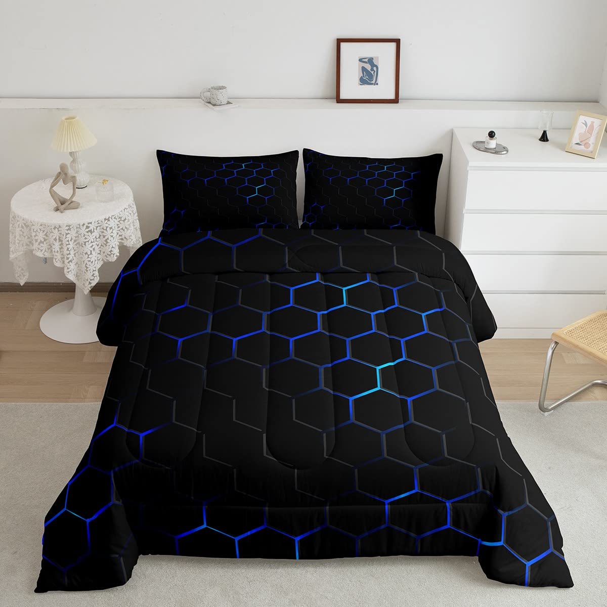 Feelyou Honeycomb Comforter Set for Kids Boys Girls Geometric Pattern Comforter Abstract Art Bedding Set Blue with 2 Pillowcases Queen Size