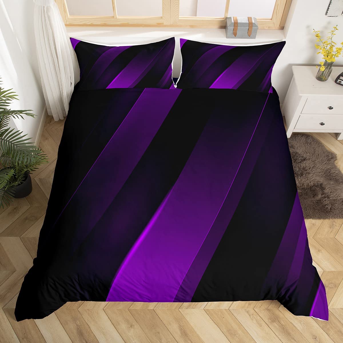 Purple Black Stripes Bedding Set,Neon Gradient Duvet Cover for Kids Teens Boys Girls,Geometric Abstract Comforter Cover Decorative Room,Modern Design Quilt Cover with 2 Pillowcases,King Size